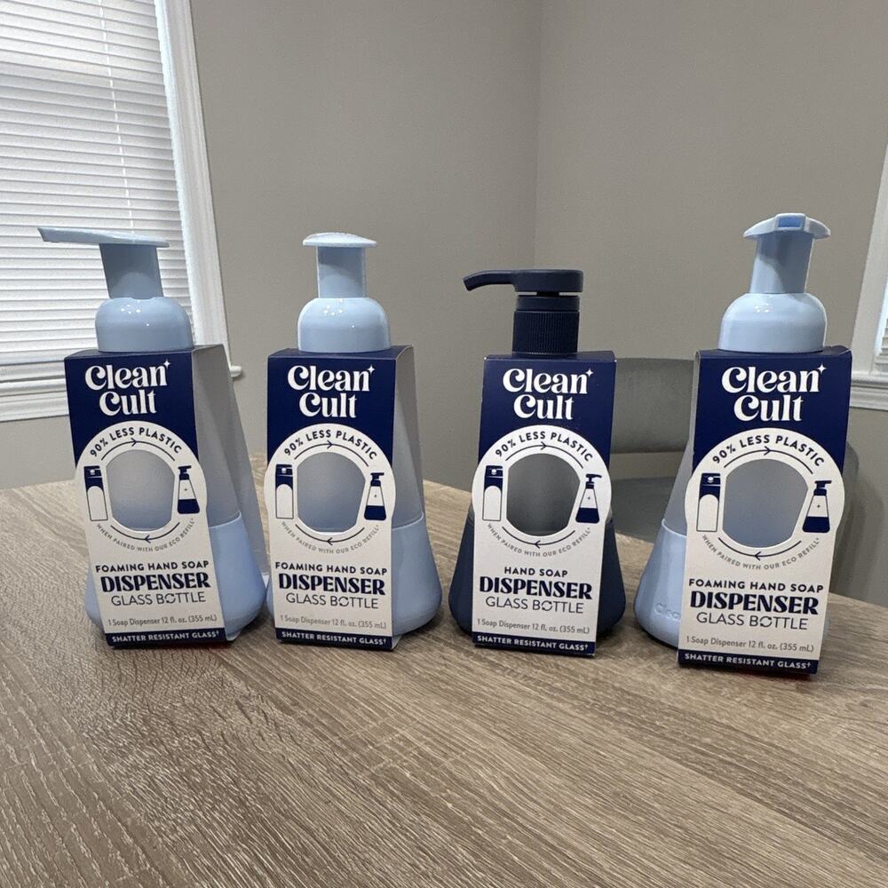 Clean Cult Glass Soap Dispenser Set of 4 Blue Matte Refillable Freestanding